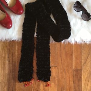 Black Handmade Faux Fur Scarf with Orange Beads